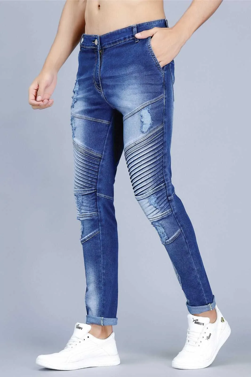 Men's Slim Fit Ankle Length Biker Denim Jeans With Rough Look