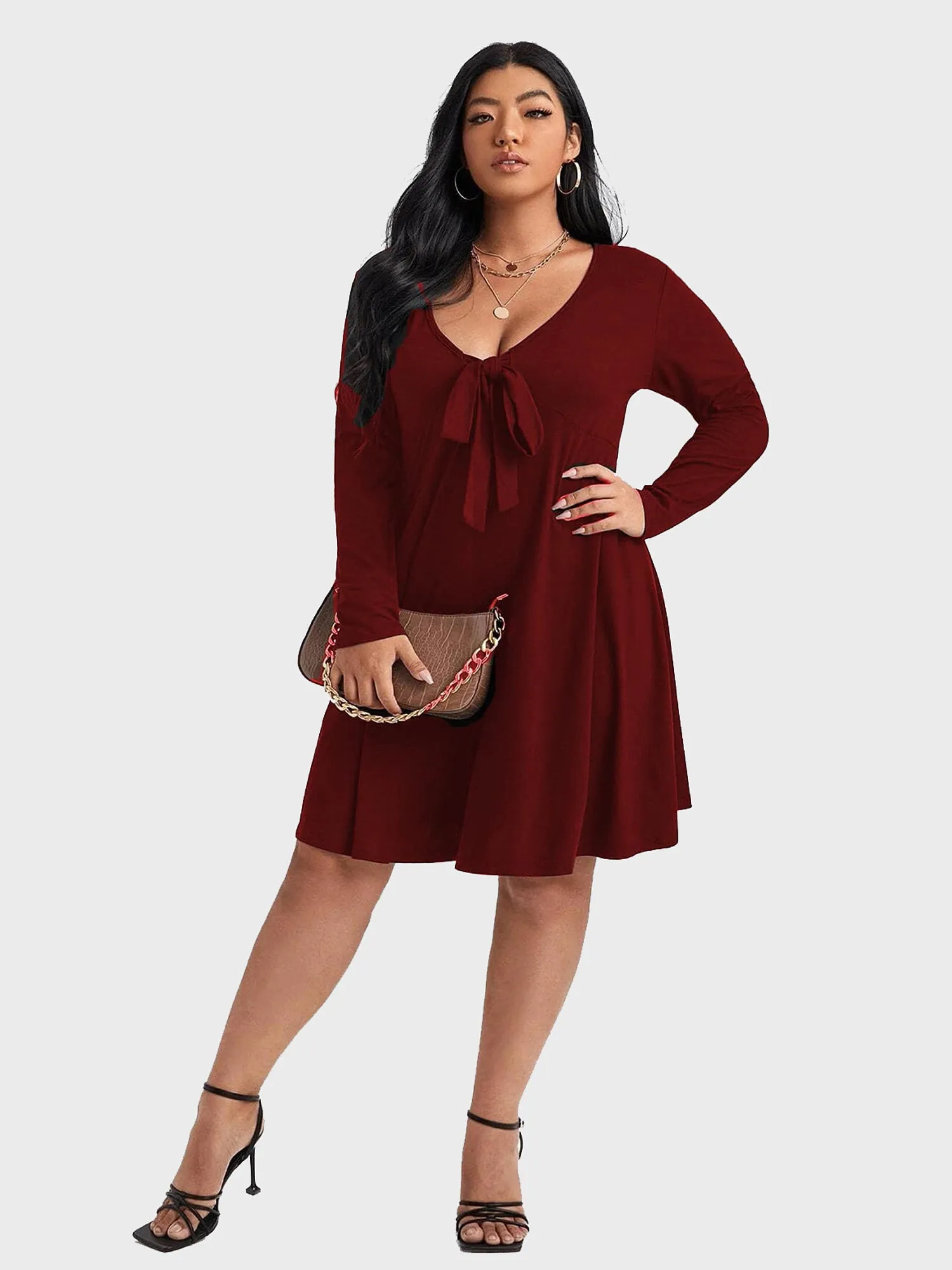 Midsize Sexy Deep V-Neck Tie Long Sleeve Dress