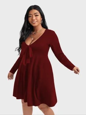 Midsize Sexy Deep V-Neck Tie Long Sleeve Dress