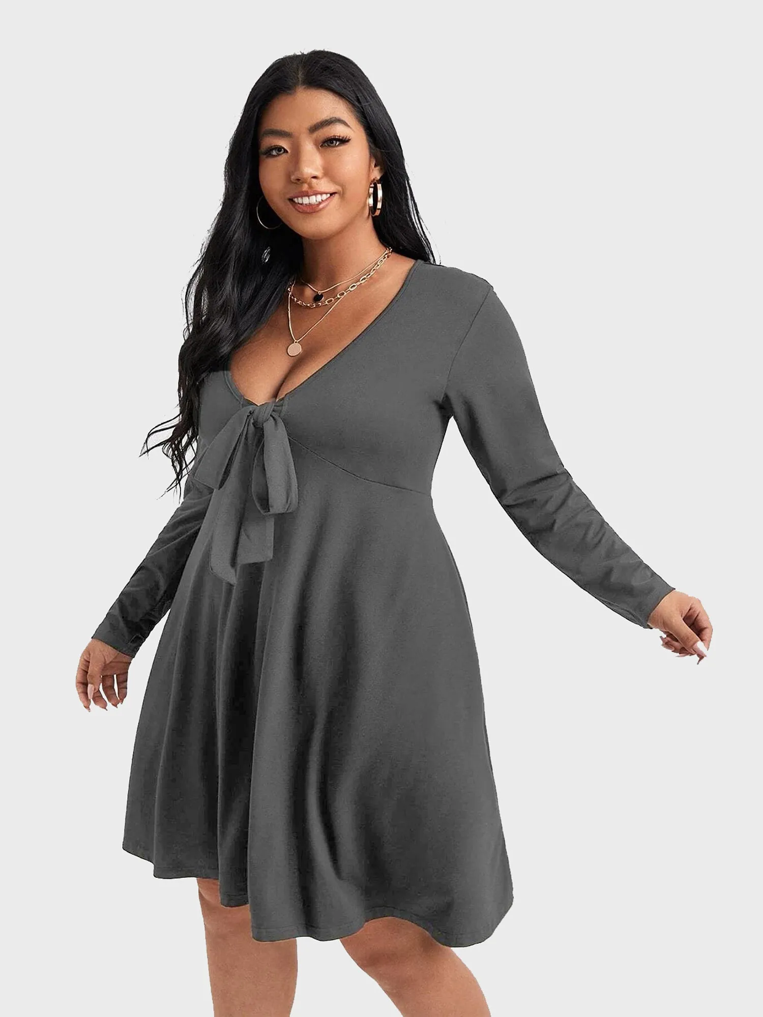 Midsize Sexy Deep V-Neck Tie Long Sleeve Dress