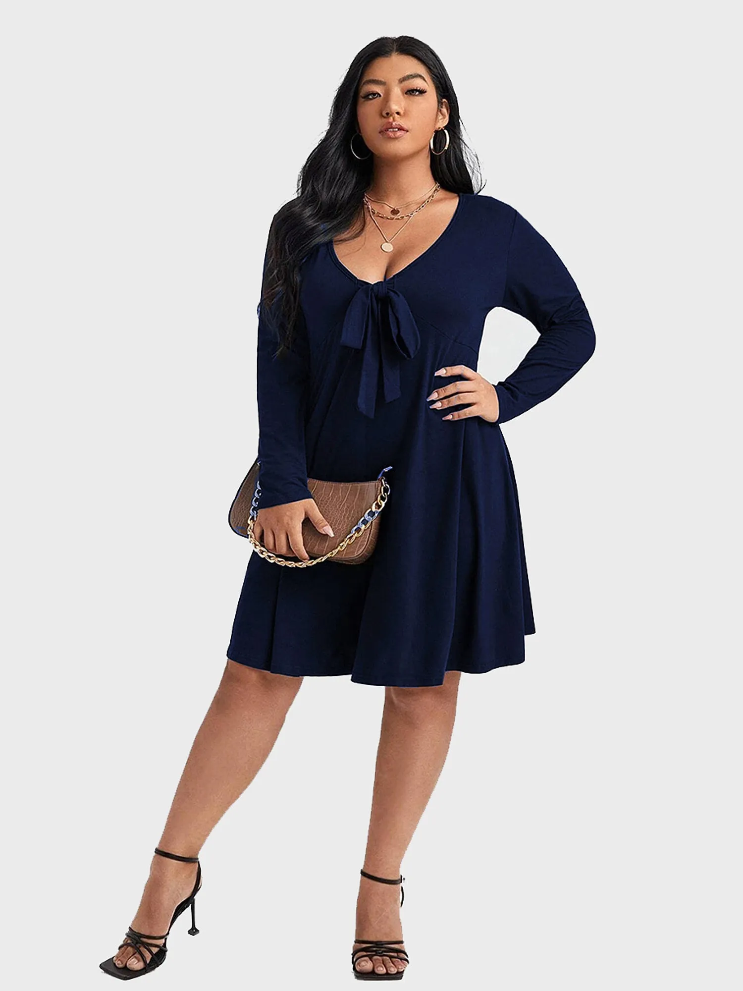 Midsize Sexy Deep V-Neck Tie Long Sleeve Dress