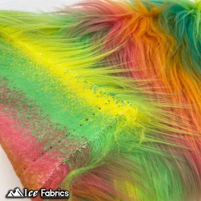 Multicolor Green Orange Mongolian Long Pile Faux Fur Fabric