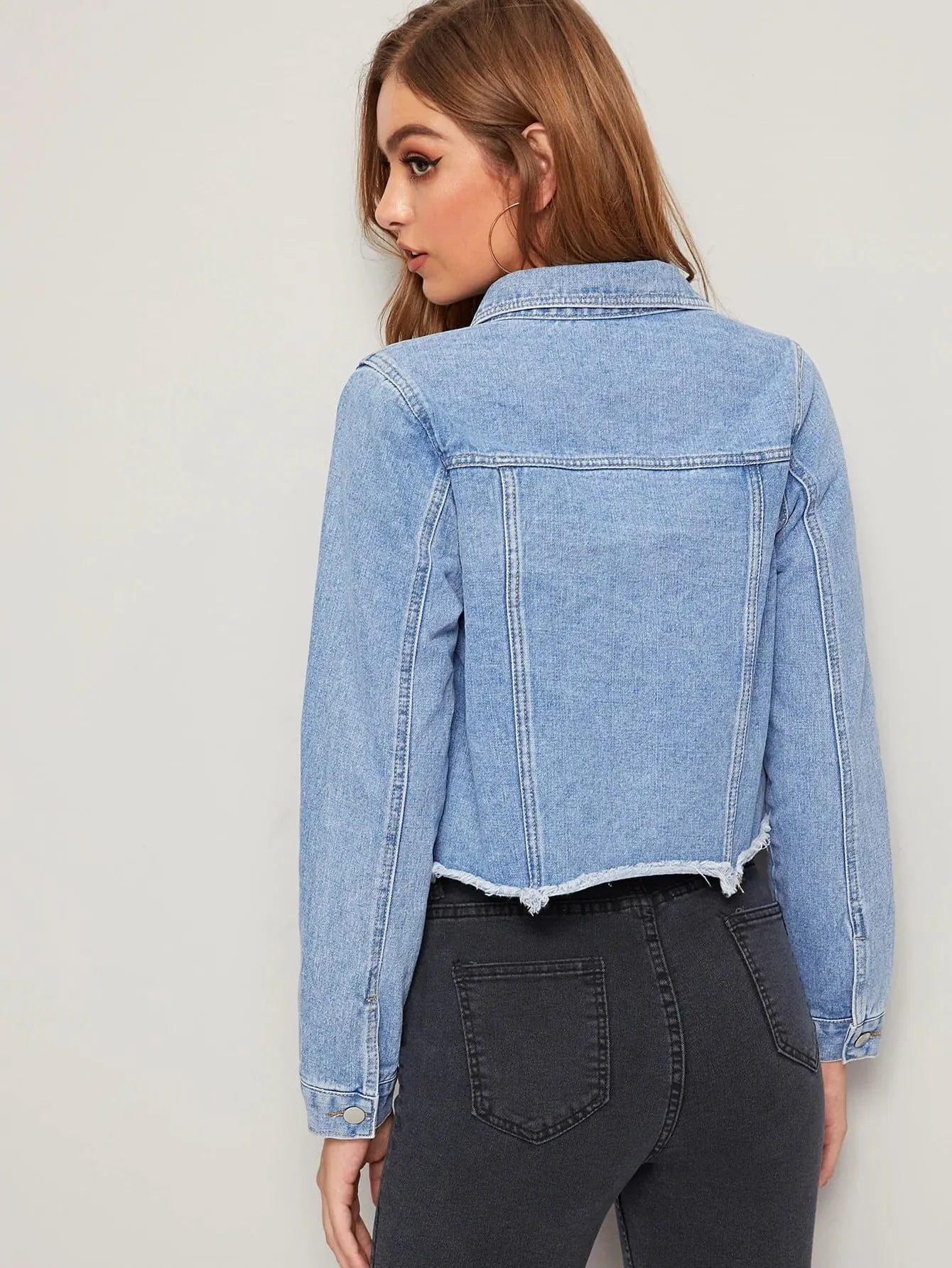 Pastel Blue Single Breasted Raw Hem Flap Pocket Denim Jacket