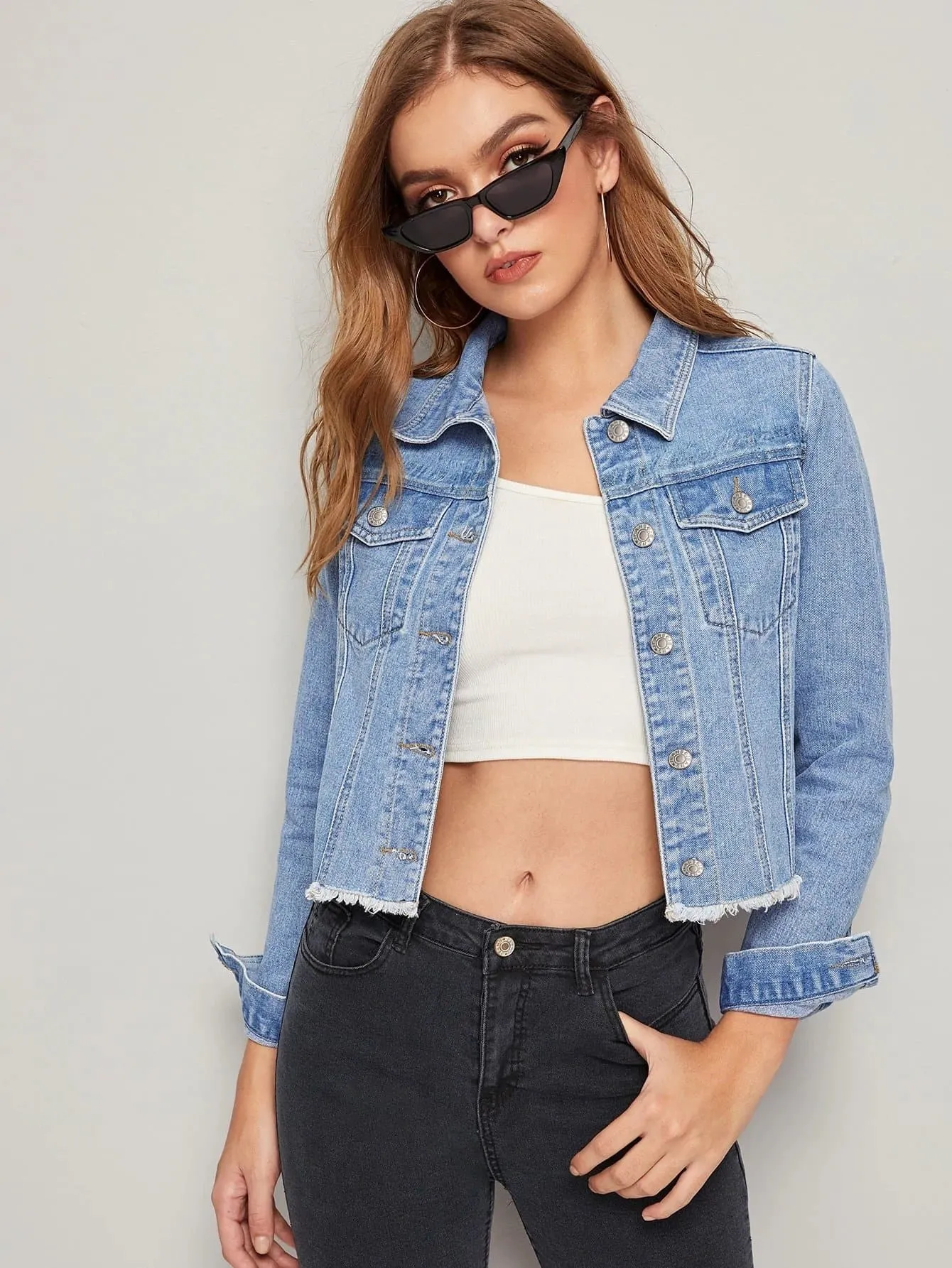 Pastel Blue Single Breasted Raw Hem Flap Pocket Denim Jacket