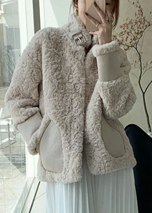 Plus Size Apricot Button thick Faux Fur Winter Coats