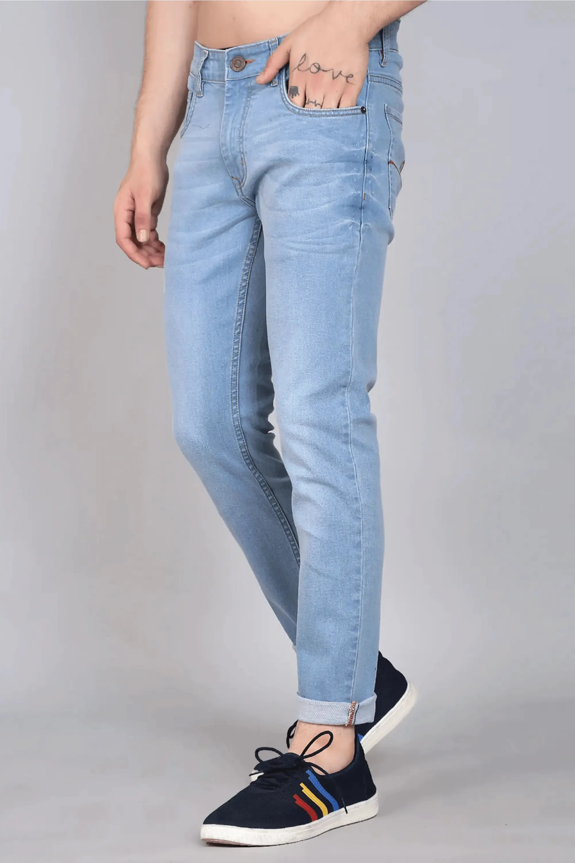 Skinny Fit Ankle Length Light Blue Jeans For Men