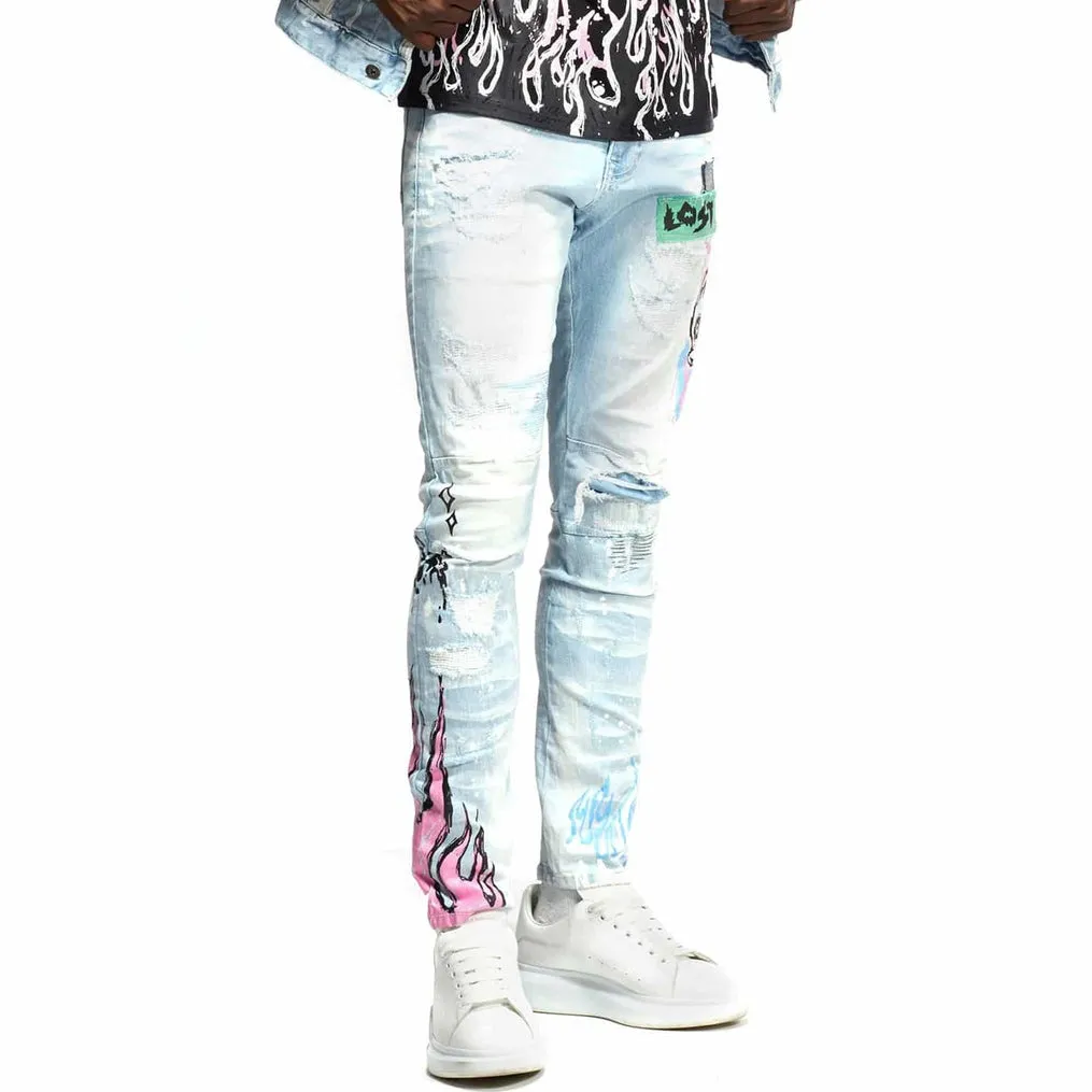 Slim Tapered Skull And Flame Graphic Jeans - Speckle Blue