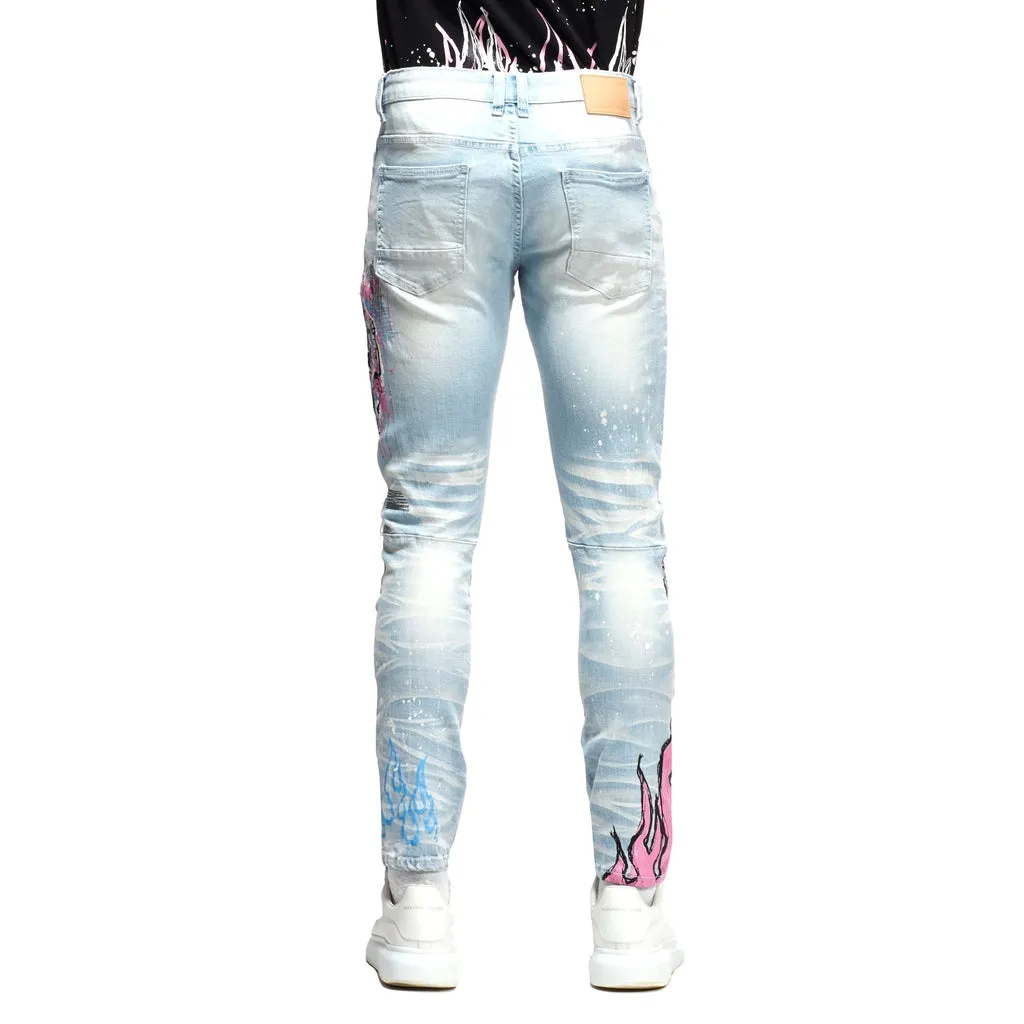 Slim Tapered Skull And Flame Graphic Jeans - Speckle Blue