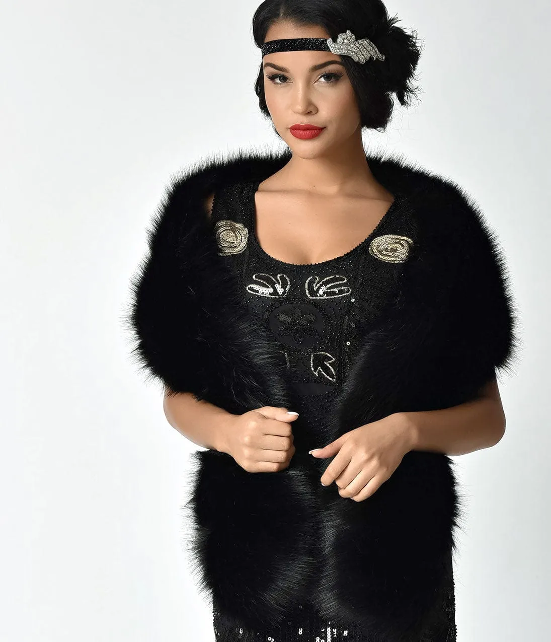 Unique Vintage Black Faux Fur Stole