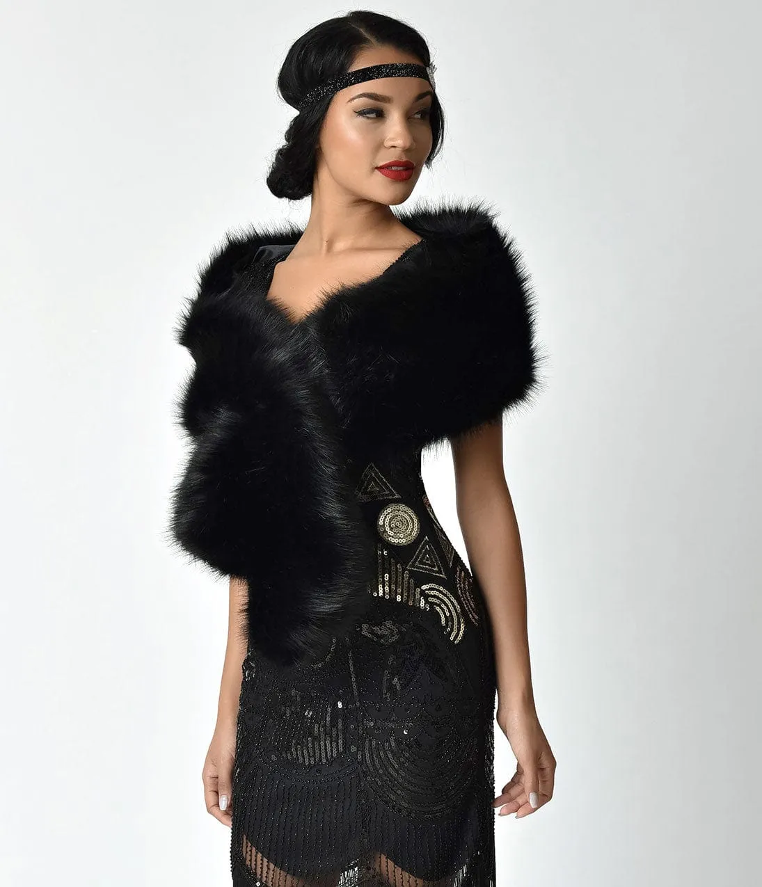 Unique Vintage Black Faux Fur Stole