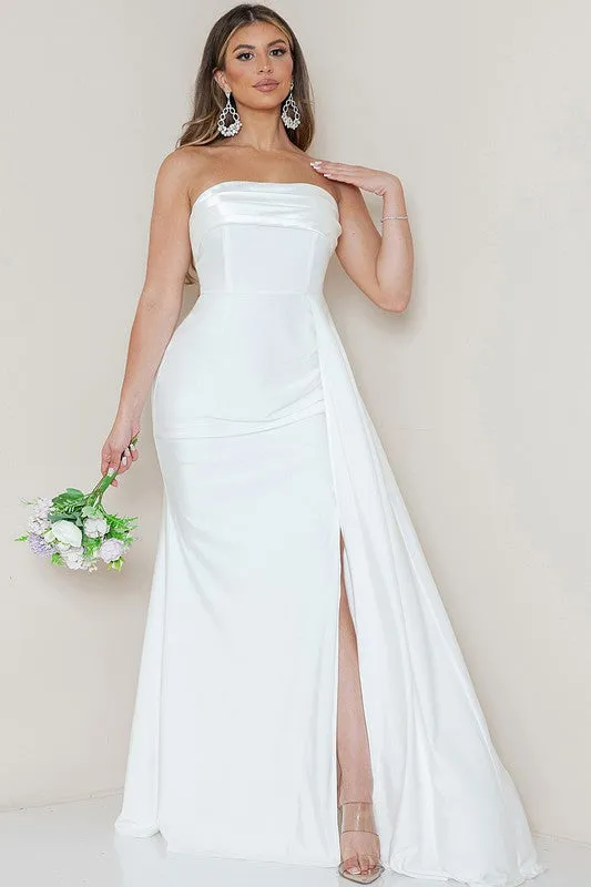 White Strapless Draped Side Split Maxi Dress