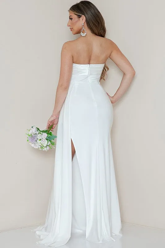 White Strapless Draped Side Split Maxi Dress