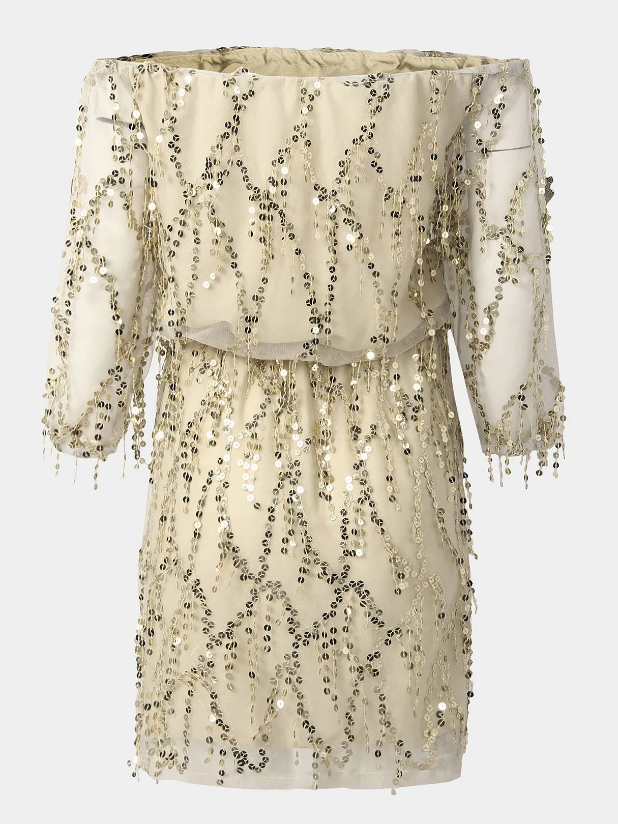 Wholesale Beige Off The Shoulder Long Sleeve Sequins Embellished Mini Dress