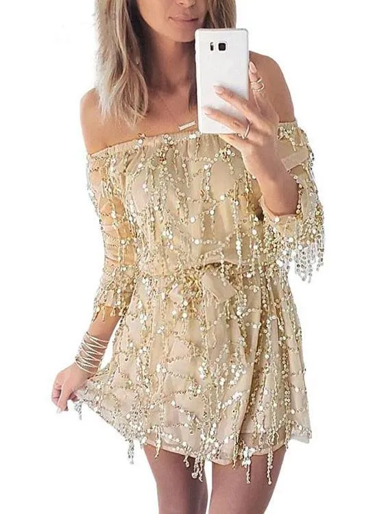 Wholesale Beige Off The Shoulder Long Sleeve Sequins Embellished Mini Dress