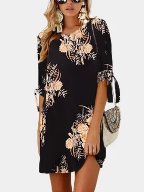 Wholesale Black Round Neck Half Sleeve Floral Print Self-Tie Mini Dress