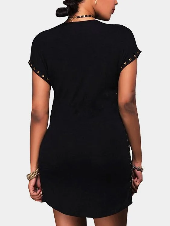 Wholesale Black Round Neck Short Sleeve Lace-Up Bodycon Mini Dresses