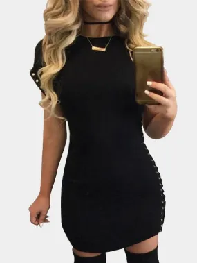 Wholesale Black Round Neck Short Sleeve Lace-Up Bodycon Mini Dresses