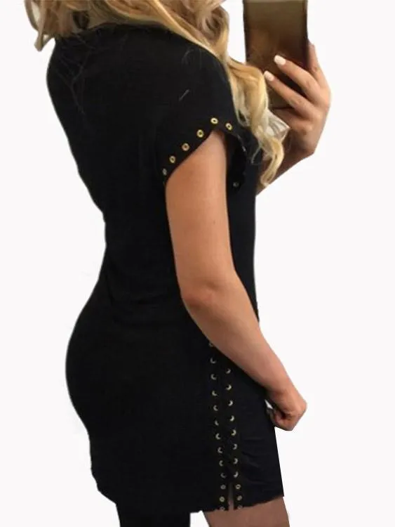 Wholesale Black Round Neck Short Sleeve Lace-Up Bodycon Mini Dresses