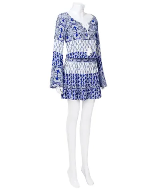 Wholesale Blue V-Neck Long Sleeve Tassel Ruffle Hem Mini Dress