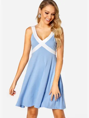 Wholesale Blue V-Neck Sleeveless High-Waisted Mini Dress