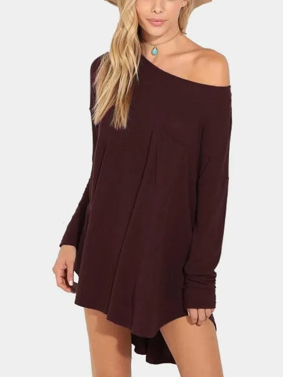 Wholesale Burgundy Round Neck Long Sleeve Curved Hem Mini Dress