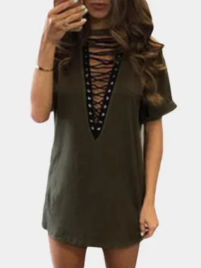 Wholesale Crew Neck Lace-Up Short Sleeve Grey Mini Dress