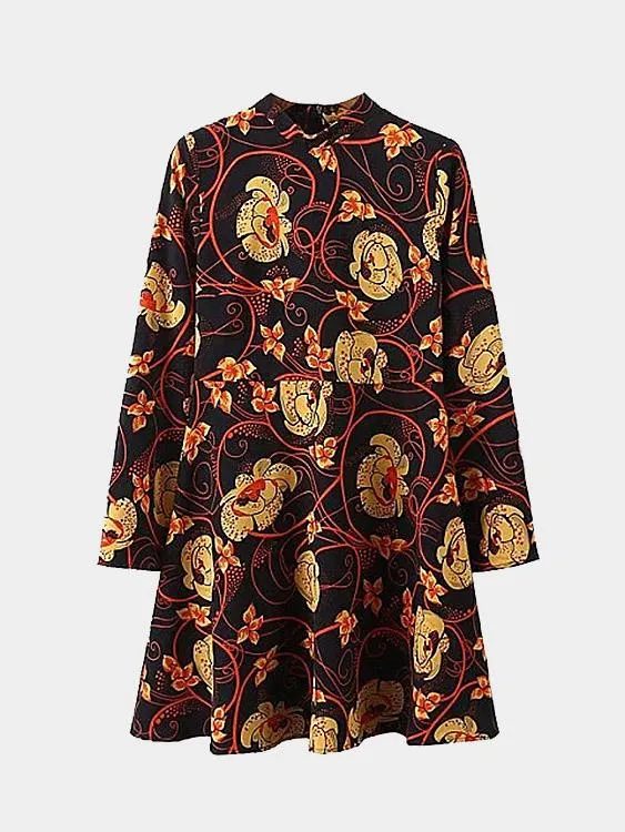 Wholesale Crew Neck Long Sleeve Floral Print Flounced Hem Mini Dress