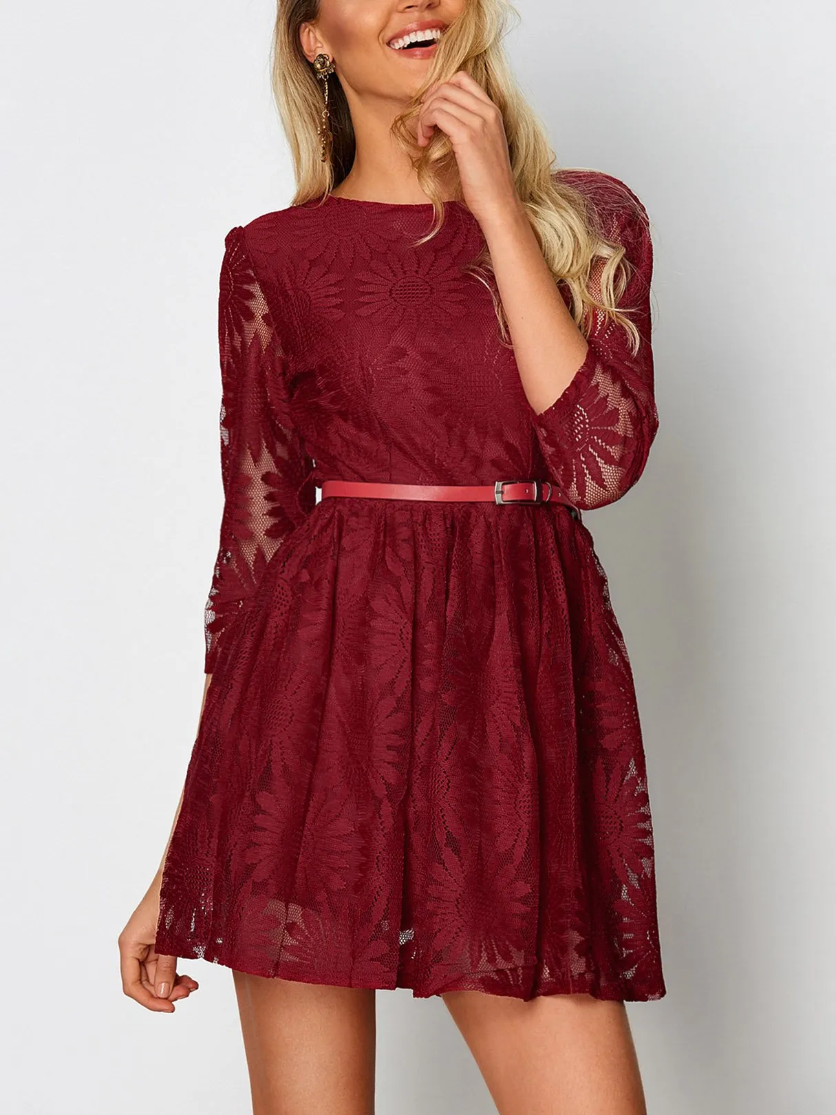 Wholesale Crimson Round Neck Half Sleeve Embroidered Crochet Lace Embellished Backless Hollow Belt Mini Dress