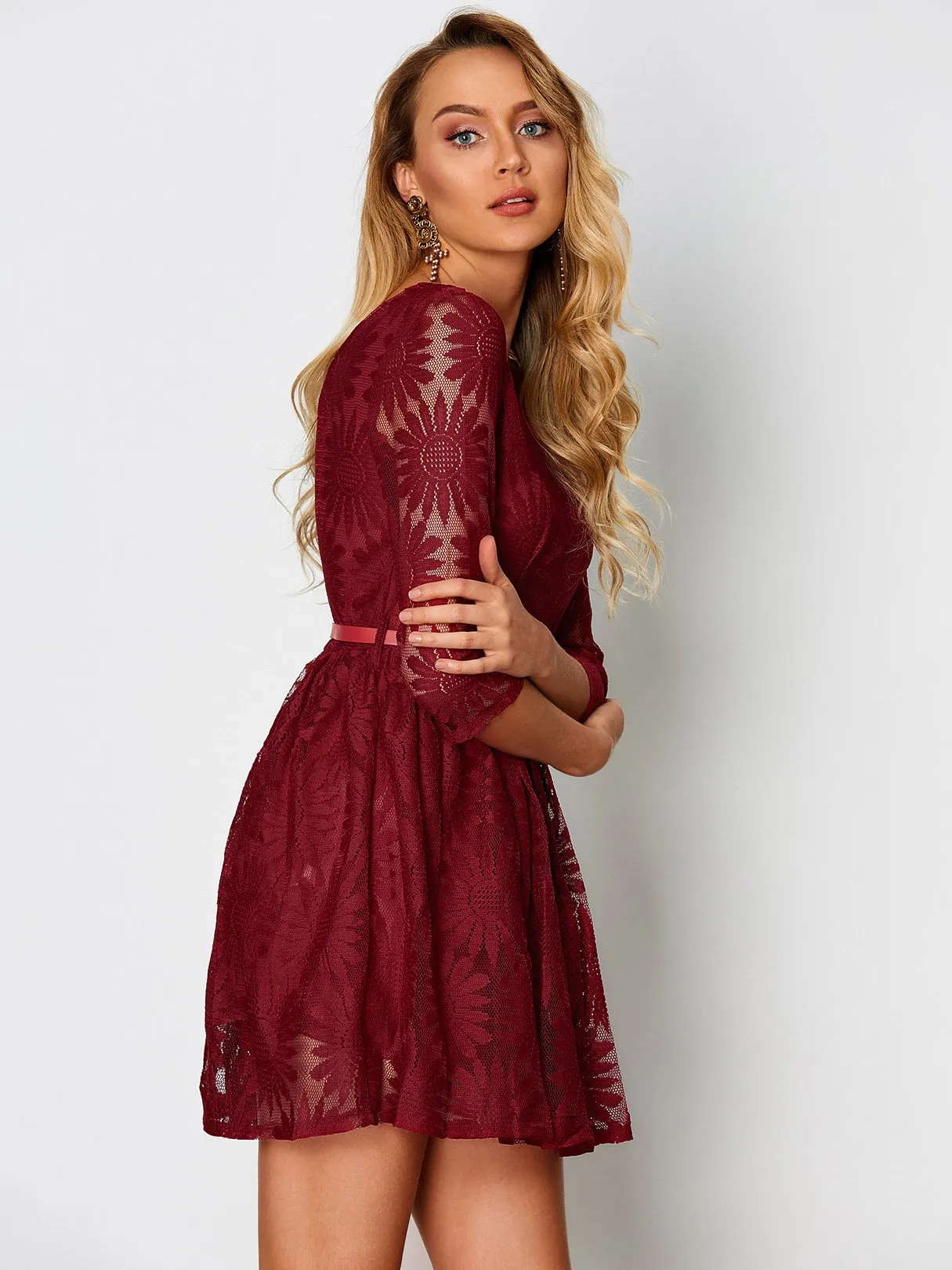 Wholesale Crimson Round Neck Half Sleeve Embroidered Crochet Lace Embellished Backless Hollow Belt Mini Dress