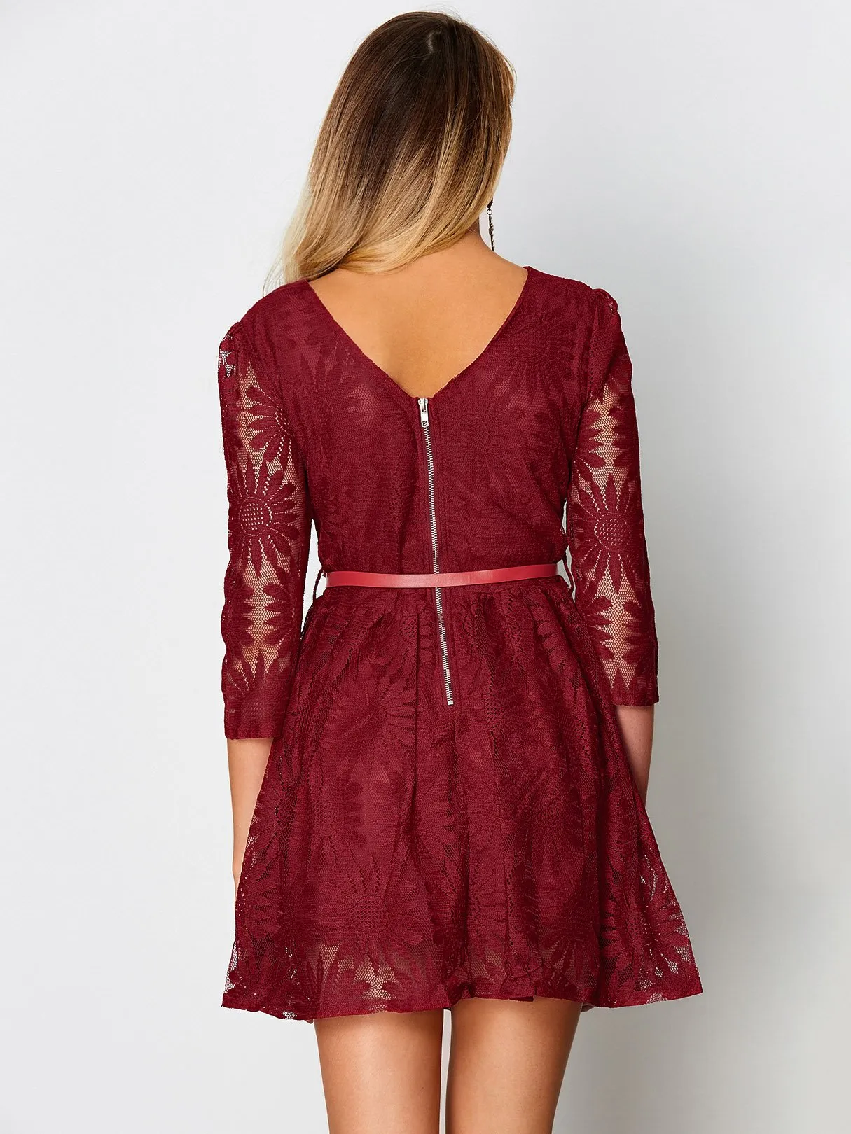 Wholesale Crimson Round Neck Half Sleeve Embroidered Crochet Lace Embellished Backless Hollow Belt Mini Dress