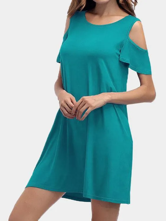 Wholesale Green Round Neck Cold Shoulder Short Sleeve Side Pockets Mini Dress