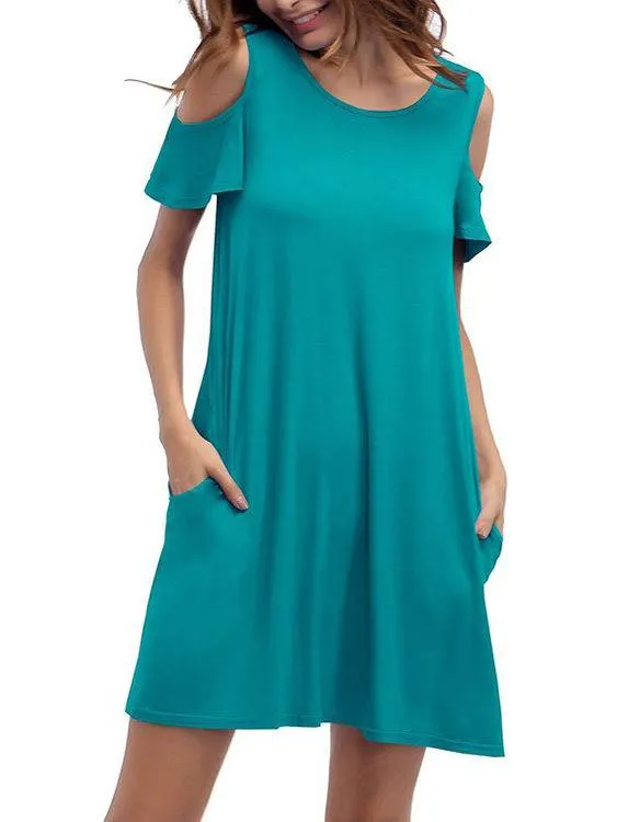 Wholesale Green Round Neck Cold Shoulder Short Sleeve Side Pockets Mini Dress