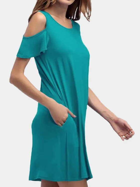 Wholesale Green Round Neck Cold Shoulder Short Sleeve Side Pockets Mini Dress