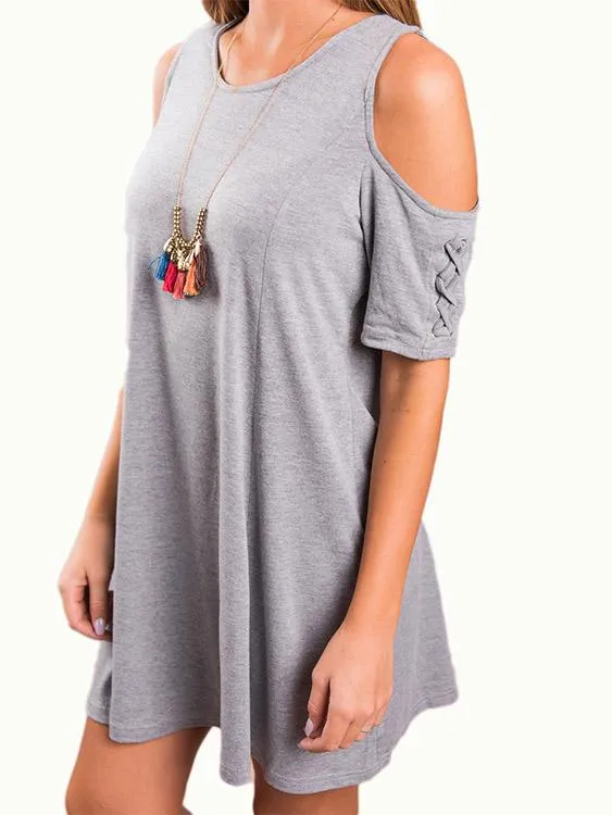 Wholesale Grey Cold Shoulder Short Sleeve Plain Lace-Up Mini Dress