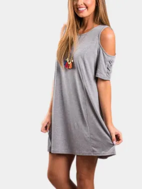 Wholesale Grey Cold Shoulder Short Sleeve Plain Lace-Up Mini Dress