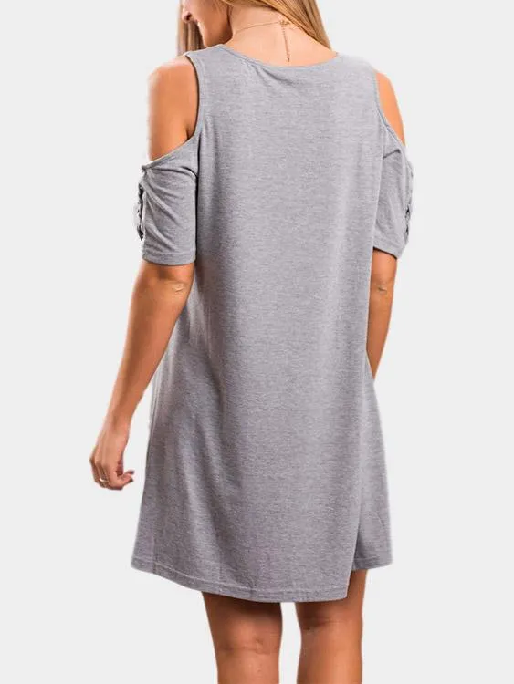 Wholesale Grey Cold Shoulder Short Sleeve Plain Lace-Up Mini Dress