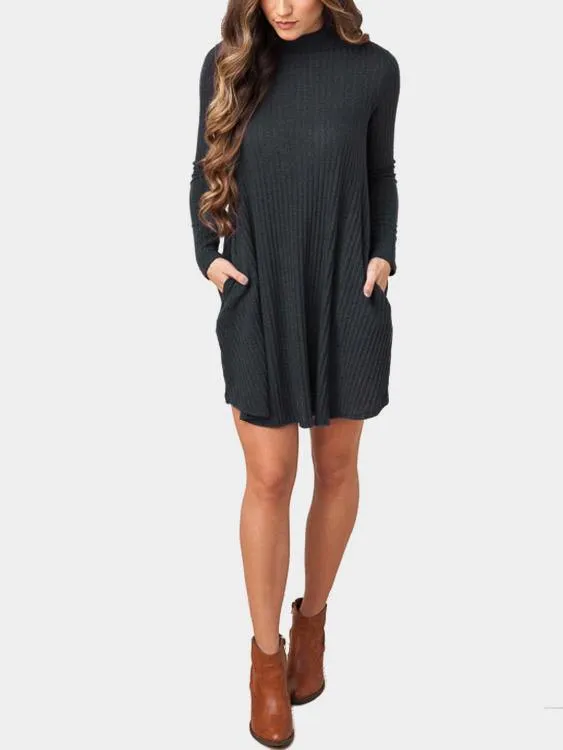 Wholesale Grey High Neck Long Sleeve Plain Side Pockets Mini Dress