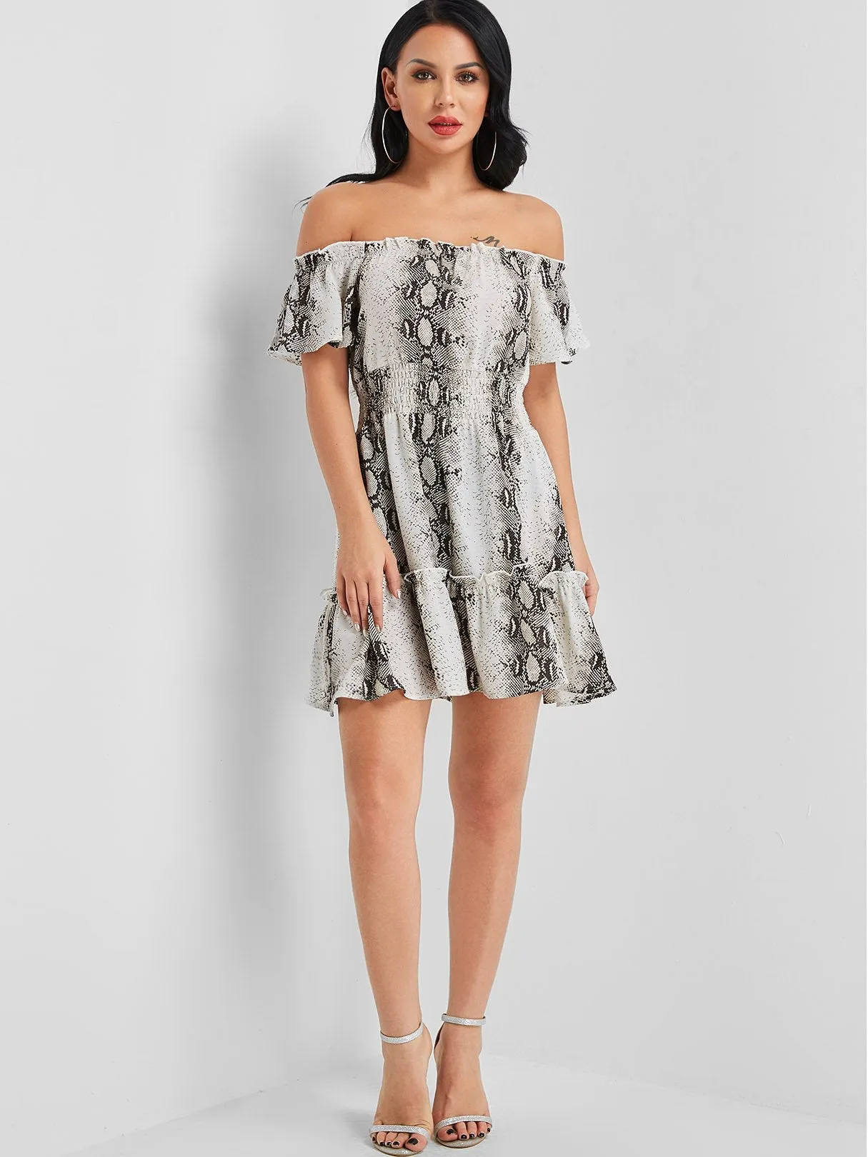 Wholesale Grey Off The Shoulder Short Sleeve Snake Flounced Hem Mini Dress