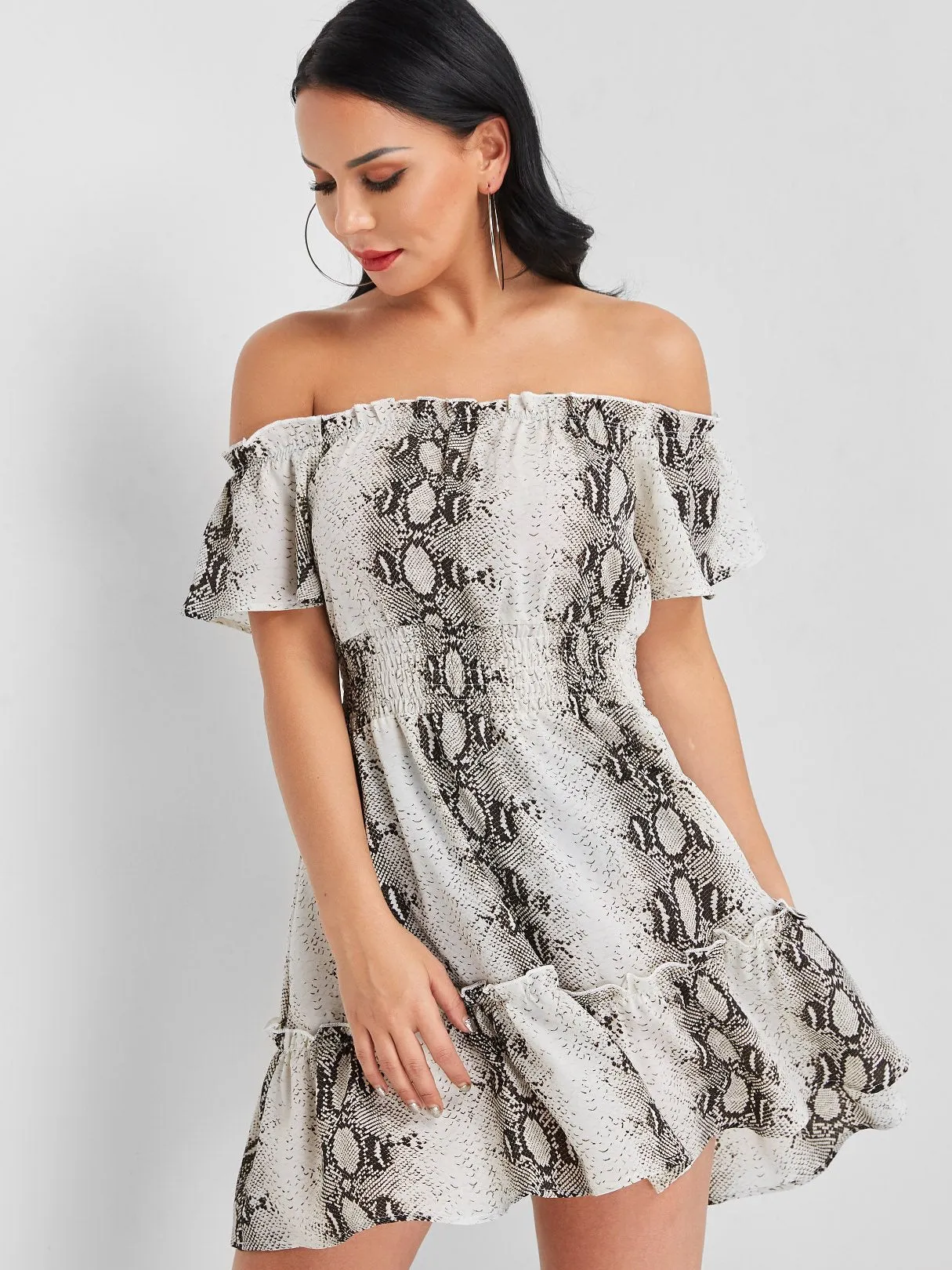 Wholesale Grey Off The Shoulder Short Sleeve Snake Flounced Hem Mini Dress