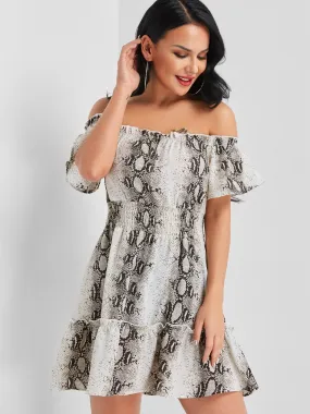 Wholesale Grey Off The Shoulder Short Sleeve Snake Flounced Hem Mini Dress