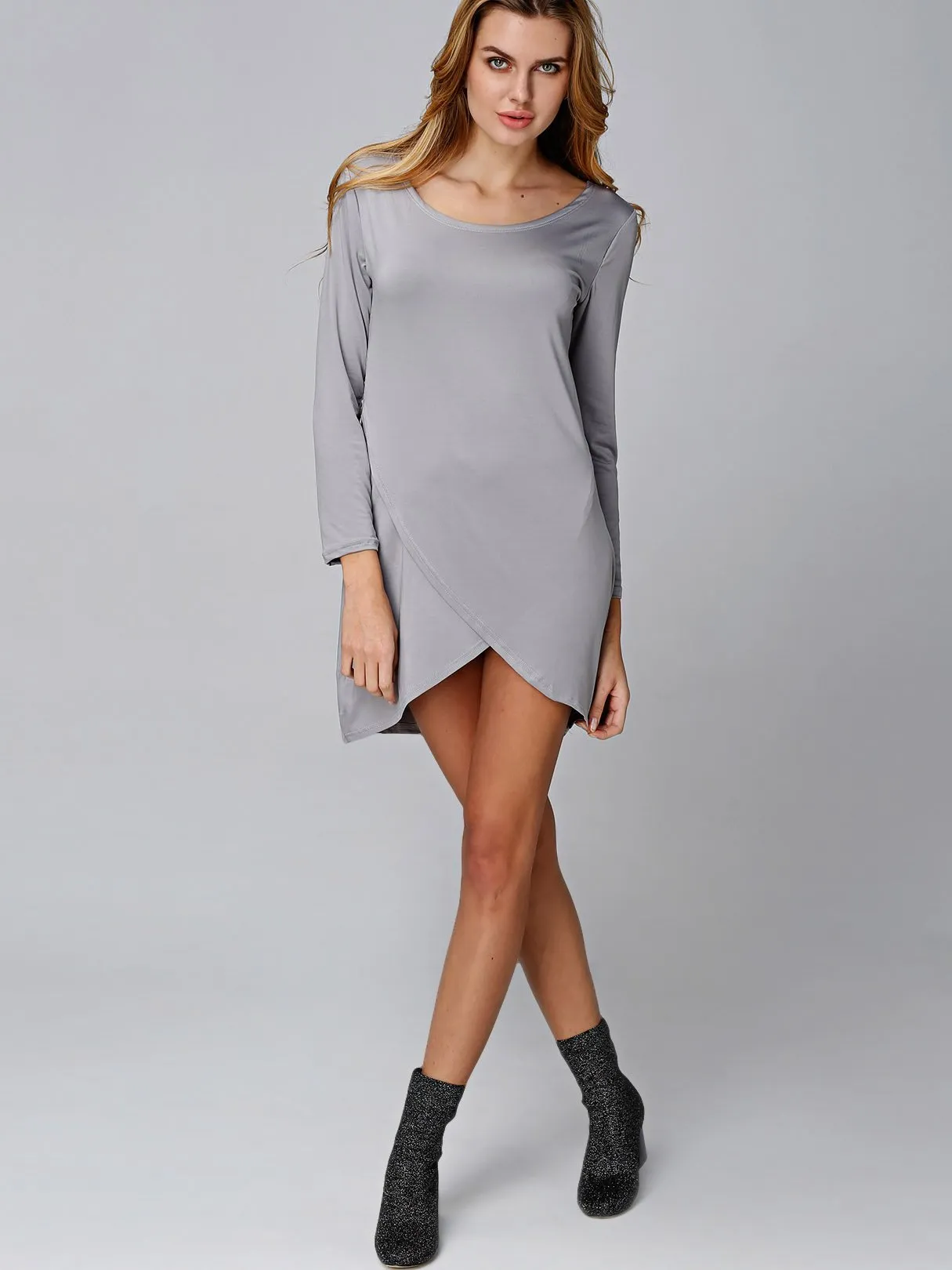 Wholesale Grey Round Neck Long Sleeve Plain Irregular Hem Mini Dress