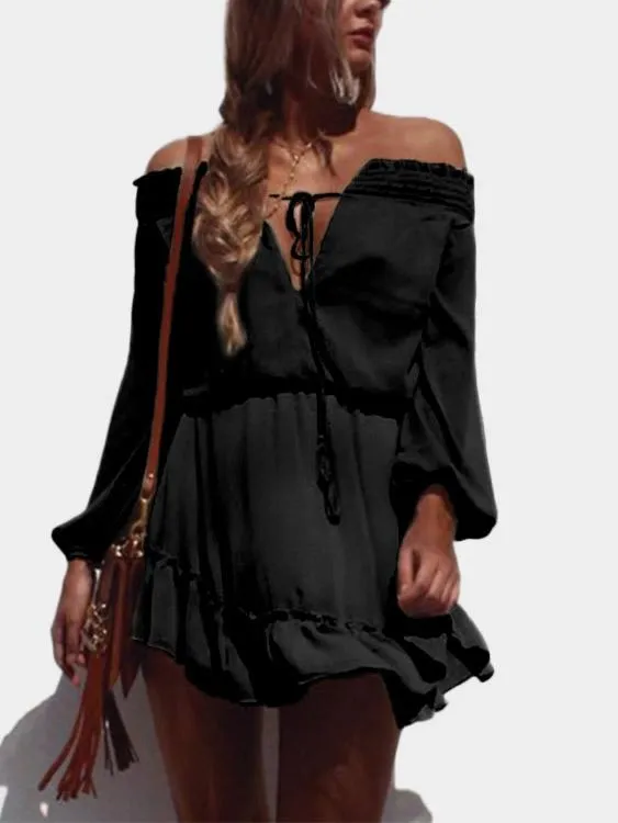 Wholesale Off The Shoulder Long Sleeve Lace-Up Mini Dresses