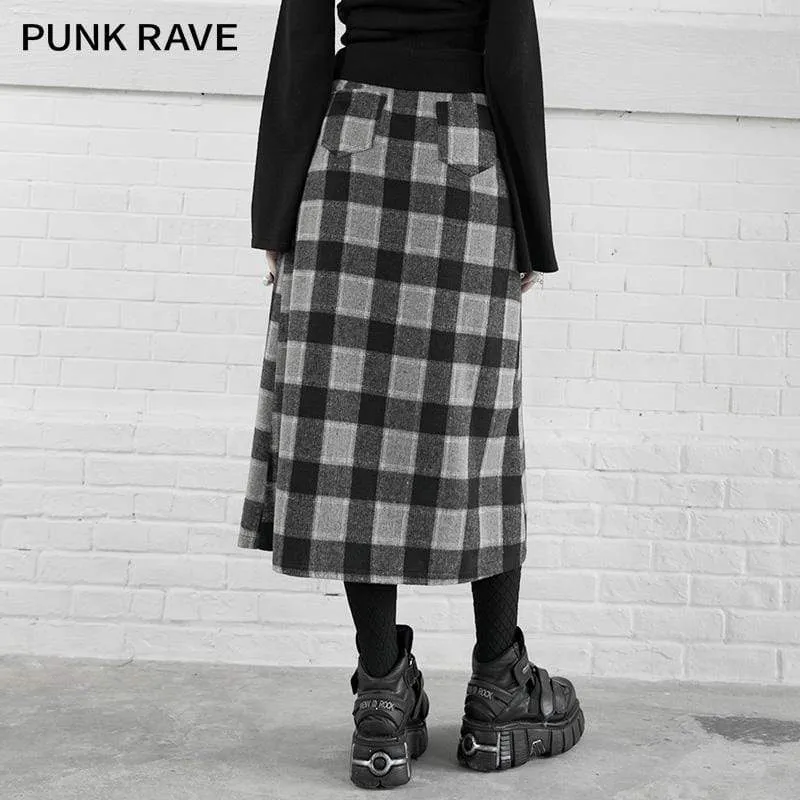 Women's Gothic High-waisted Plaid Slit Long Skirts