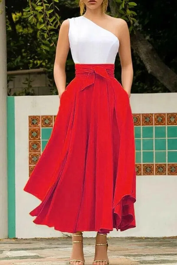 Women's Pleated High Waist Maxi Skirt | A-Line Evening Cocktail Party Dress